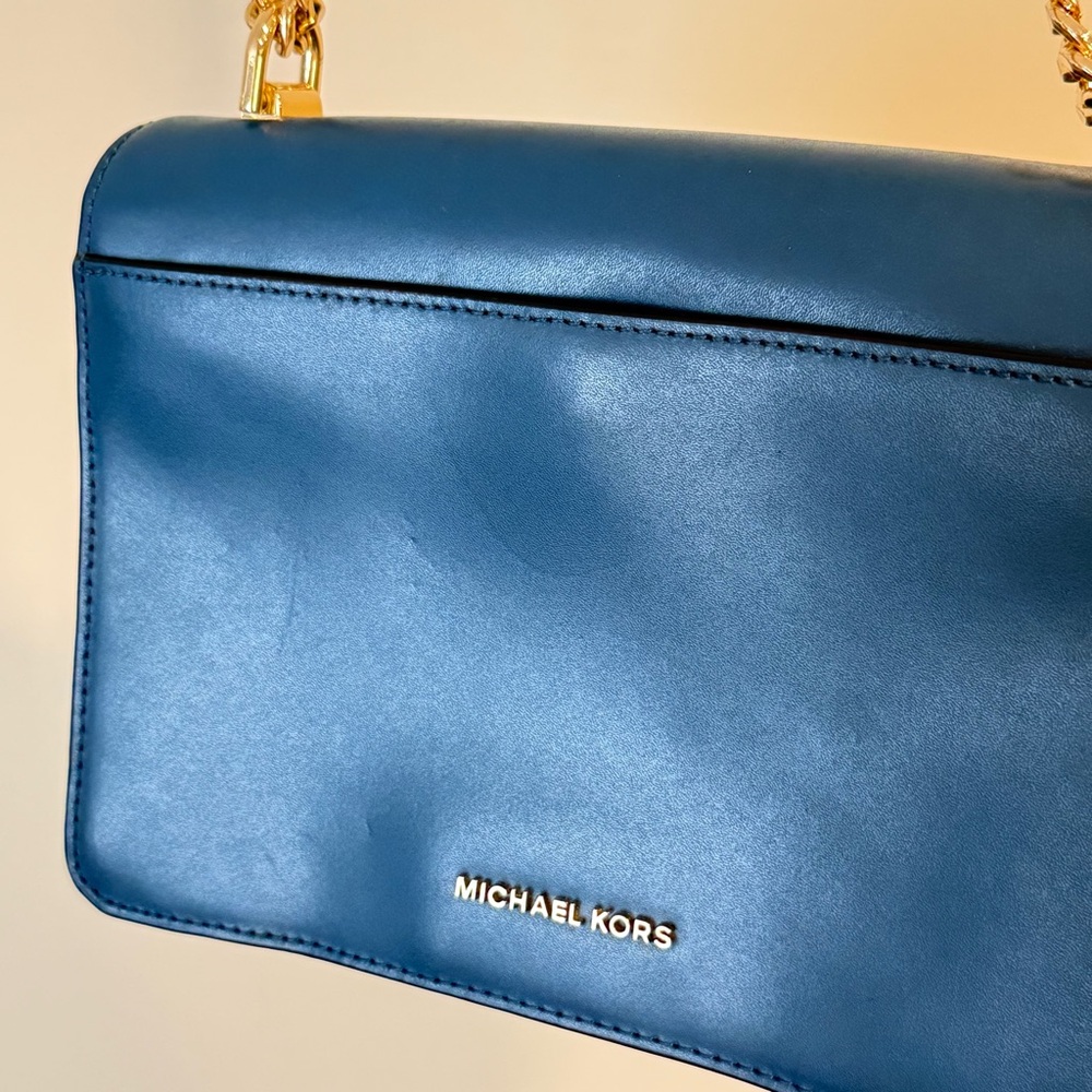 Michael Kors Jade Gusset Leather Shoulder Bag Blue Gold Chain Crossbody Shoulder - Picture 16 of 16